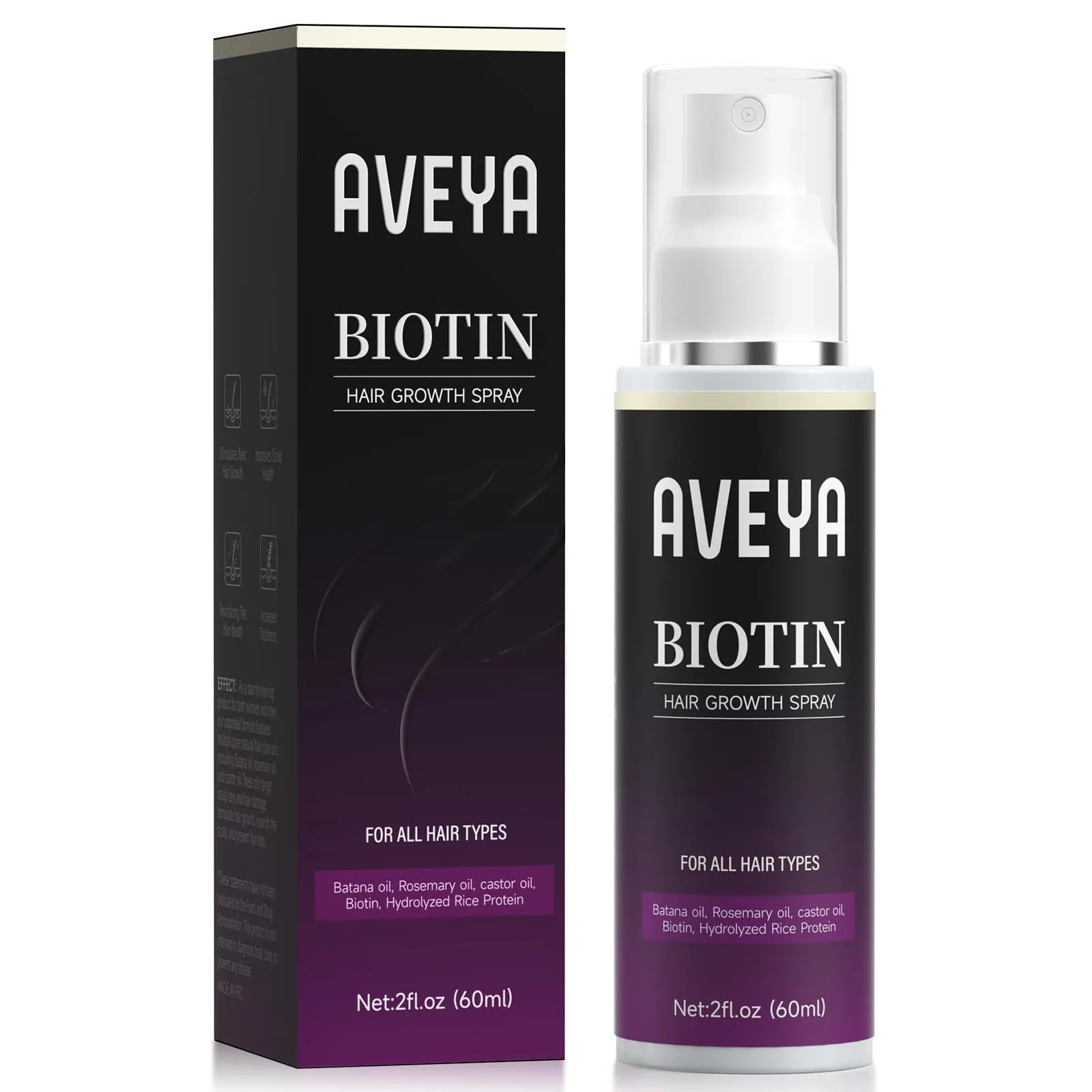 The AVEYA Biotin Hair Growth Spray box and bottle