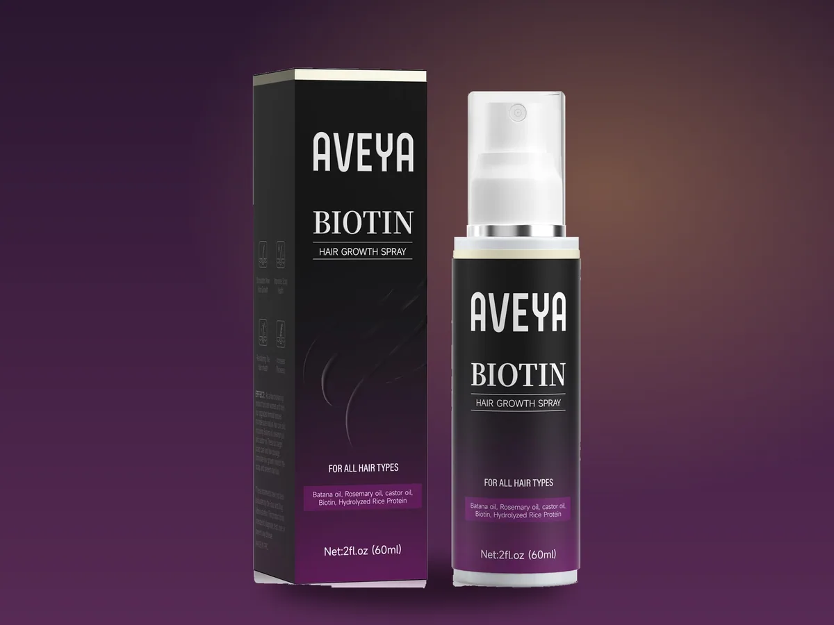 AVEYA Biotin Hair Growth Spray: the box and the 2 fl oz bottle