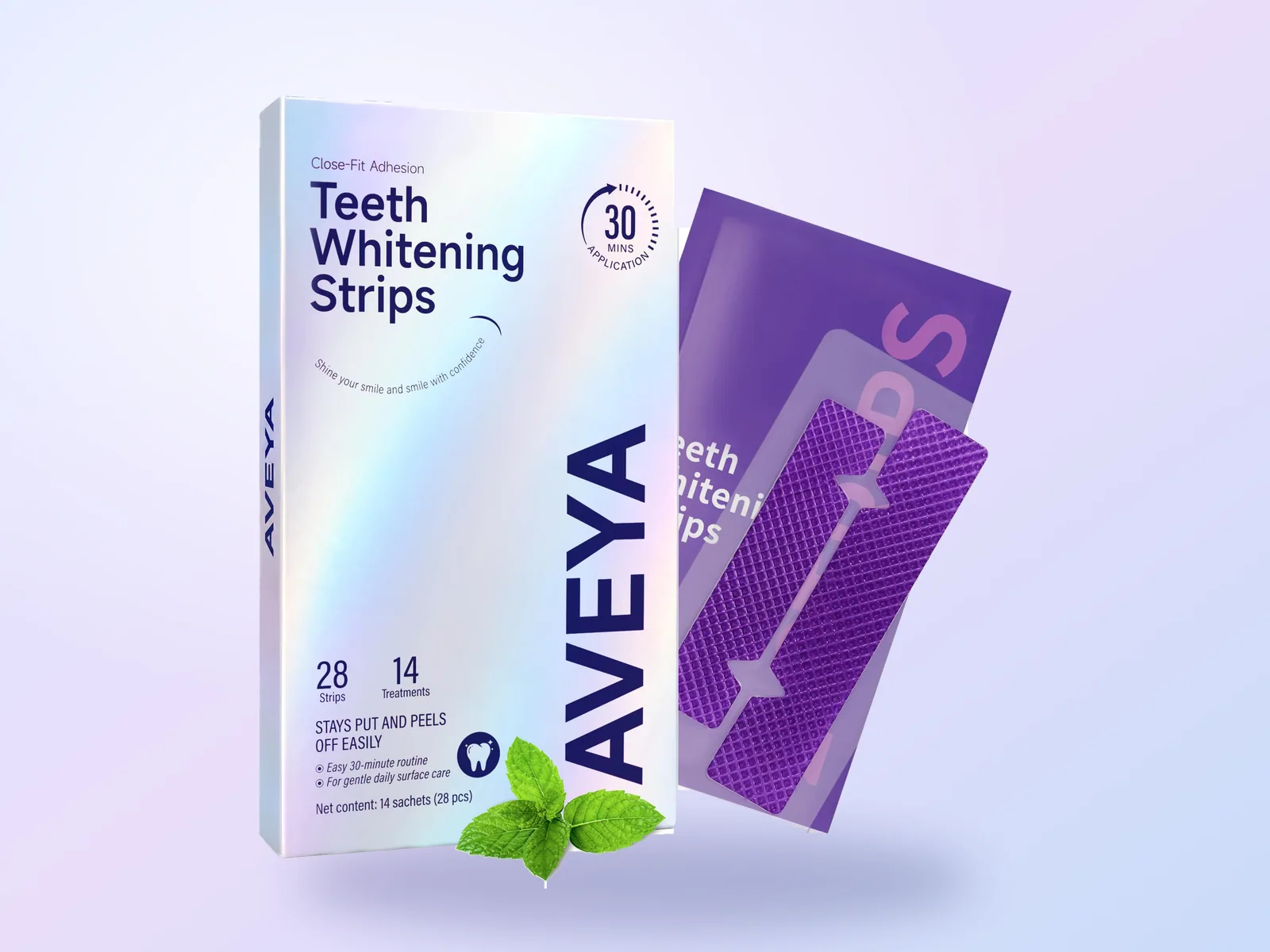 The AVEYA Teeth Whitening Strips box with a sachet of two strips