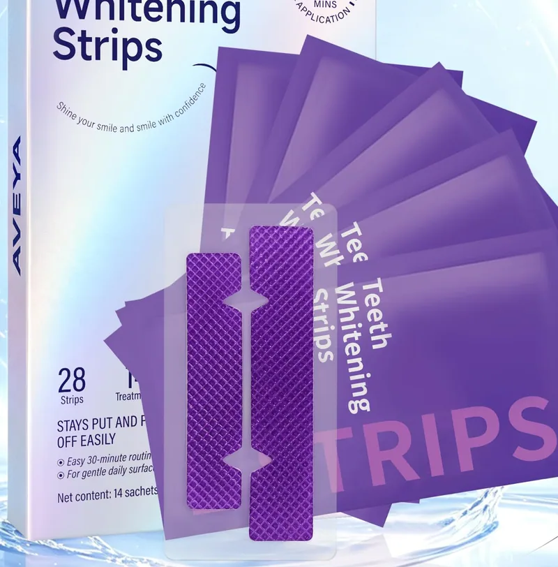 AVEYA Teeth Whitening Strips box with a fan of purple sachets and two strips