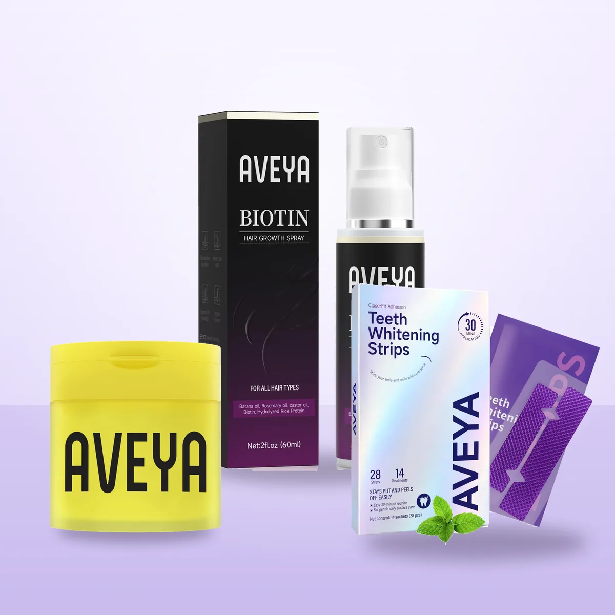 AVEYA toner pads, Biotin Hair Growth Spray and Teeth Whitening Strips together