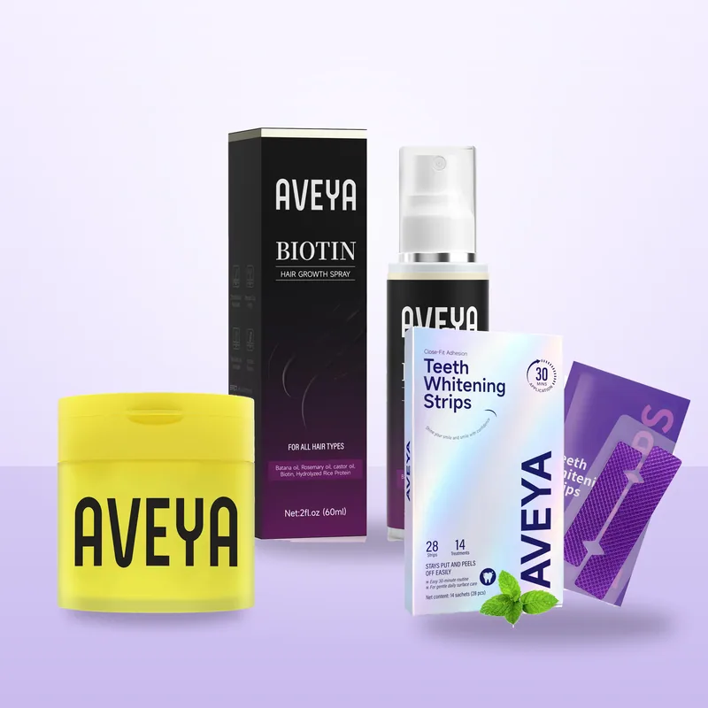 AVEYA toner pads, Biotin Hair Growth Spray and Teeth Whitening Strips together
