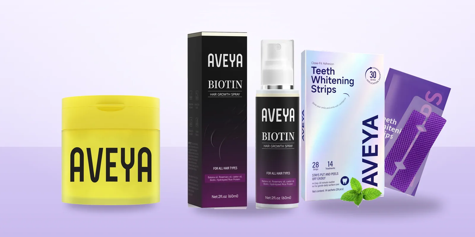 AVEYA toner pads, Biotin Hair Growth Spray and Teeth Whitening Strips side by side